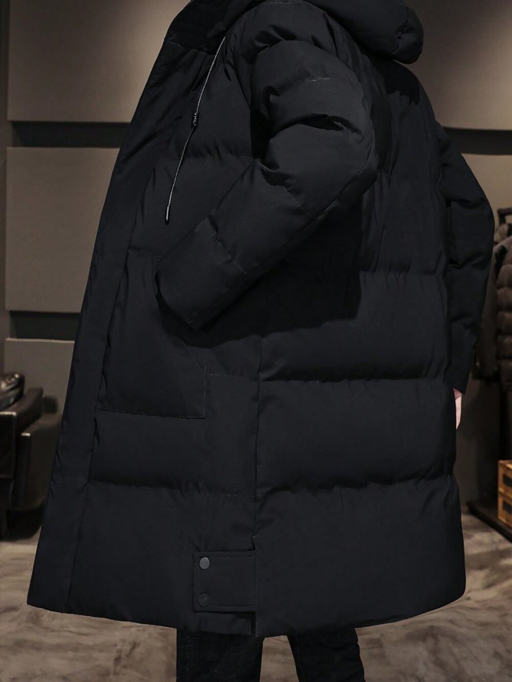 Men's Black Slant Pocket Drawstring Hooded Padded Coat - Picture 2 of 5